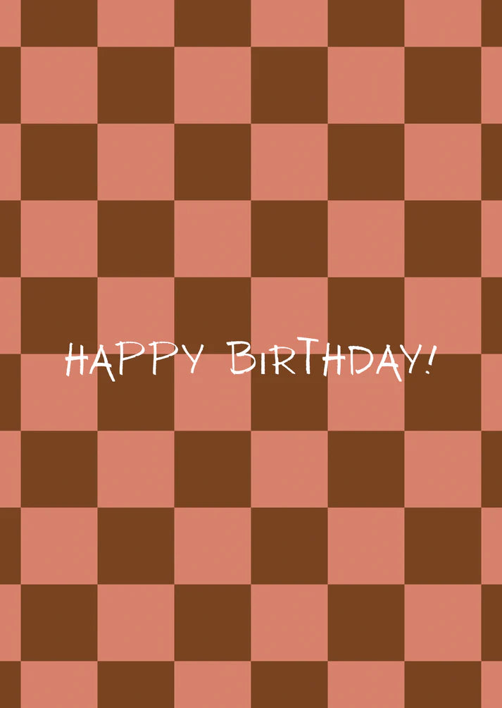 Kaart happy birthday ruitjes bruin-roze