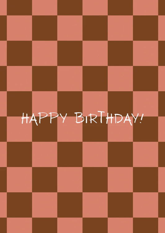 Kaart happy birthday ruitjes bruin-roze