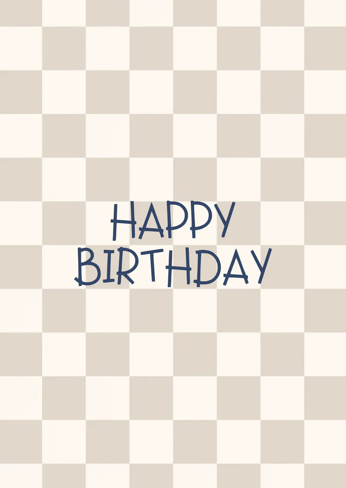 Kaart happy birthday ruitjes beige-blauw