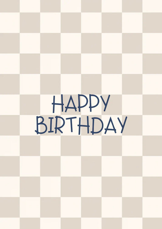 Kaart happy birthday ruitjes beige-blauw
